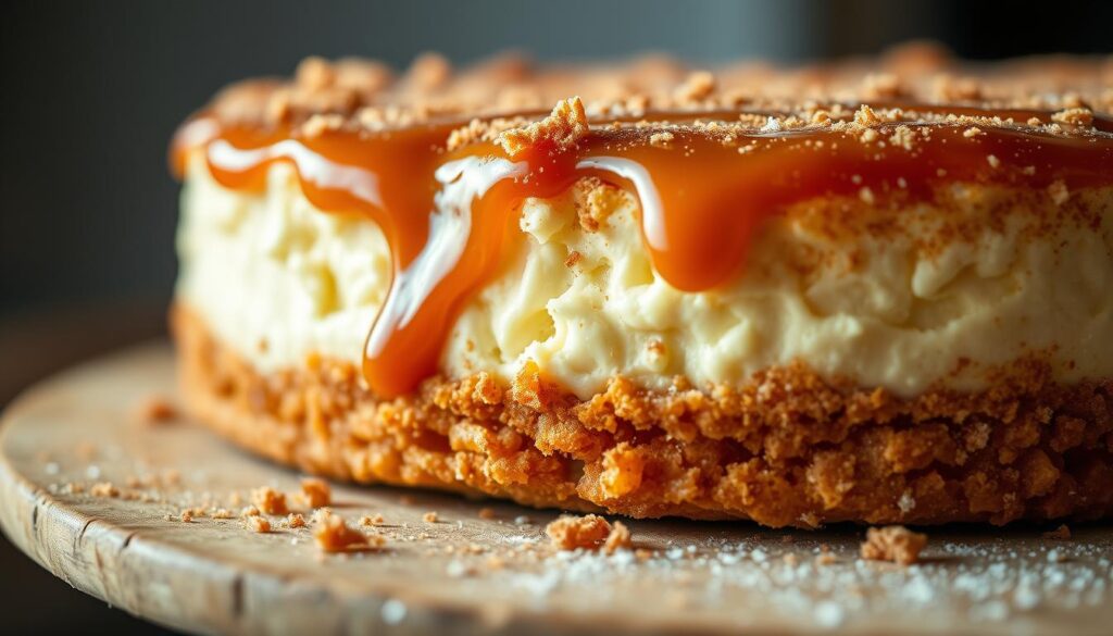 A close-up view of a tempting churro cheesecake, freshly baked and glistening in the warm light. The crunchy, golden-brown churro crust envelops a luscious, creamy cheesecake filling, topped with a drizzle of rich caramel sauce and a dusting of cinnamon sugar. The image is captured from a low angle, highlighting the intricate textures and layers of this indulgent dessert. The background is softly blurred, allowing the churro cheesecake to take center stage and captivate the viewer's senses.