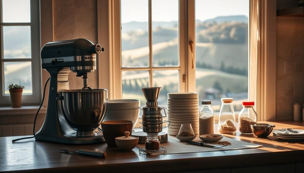 A cozy kitchen counter, bathed in warm, soft lighting. On the surface, a selection of baking tools and ingredients - a stand mixer, a stack of mixing bowls, a sifter, and an array of spices and flavorings. In the background, a large, open window reveals a picturesque view of the rolling hills of San Sebastian. The atmosphere is calm, inviting, and conducive to the precise, meticulous preparation of the iconic San Sebastian cheesecake. A sense of anticipation and focus fills the air, as the chef readies their workspace for the baking process to come.