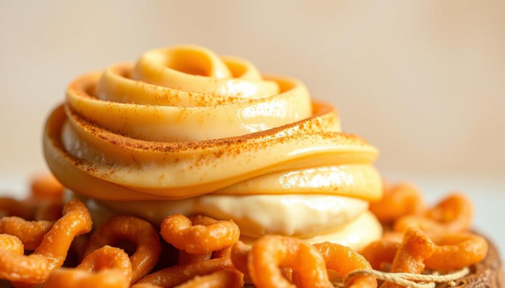 A delectable close-up of a glistening churro cheesecake topping, showcasing its intricate layers. In the foreground, a thick swirl of golden, cinnamon-dusted churro batter cascades over a decadent cream cheese filling, creating a mesmerizing textural contrast. The middle ground features a scattering of crunchy, caramelized churro chips, their crisp edges gleaming under warm, directional lighting. In the background, a soft, blurred backdrop of pale, creamy tones complements the vibrant hues of the topping, evoking a sense of indulgence and artisanal craftsmanship. The overall composition emphasizes the signature churro flavors and the irresistible fusion of textures that define this signature cheesecake topping.