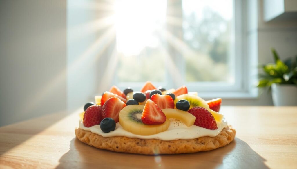 A delectable fruit pizza dessert rests on a crisp, golden-brown crust. Vibrant slices of juicy strawberries, kiwi, pineapple, and blueberries adorn the creamy, lightly sweetened cheese filling. Rays of warm sunlight filter through a large window, casting a soft glow on the tempting treat. The scene is captured from a high, angled perspective, emphasizing the layered textures and colors of this fresh, summery dish. A minimalist, modern kitchen setting frames the fruit pizza, hinting at its status as a delightful, visually-appealing dessert.