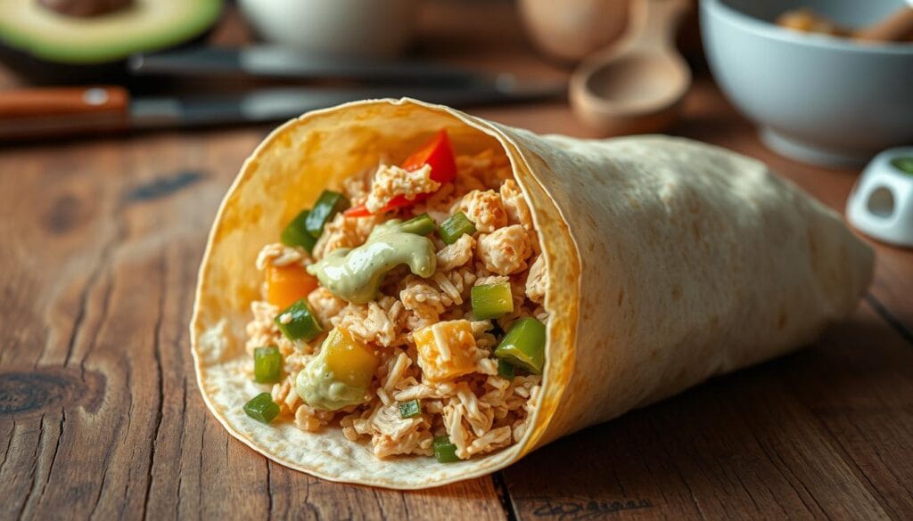 A delectable homemade chicken burrito, nestled on a rustic wooden table. The tortilla wrapper is golden-brown and crispy, filled with juicy shredded chicken, fragrant rice, vibrant bell peppers, and a drizzle of creamy avocado sauce. The burrito is presented in a natural, artisanal setting, with a soft, diffused lighting that emphasizes the textures and colors. In the background, a set of essential kitchen tools, including a sharp knife, a mixing bowl, and a wooden spoon, hint at the care and attention that went into preparing this satisfying dish.