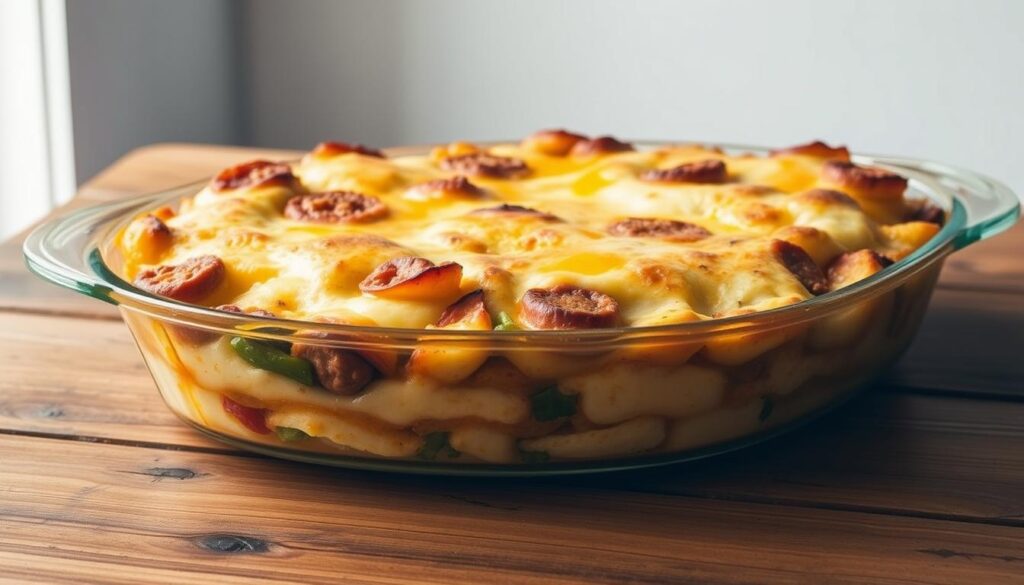 A delectable make-ahead breakfast casserole sits on a rustic wooden table, its golden-brown top glistening under soft, natural lighting. Layers of fluffy eggs, savory sausage, melted cheese, and aromatic vegetables create a mouthwatering composition. The casserole dish is positioned in the foreground, with a clean, minimalist background that allows the dish to take center stage. The scene conveys a cozy, inviting atmosphere, perfect for a relaxing morning meal. The image captures the essence of a hearty, hassle-free breakfast that can be prepared in advance, reflecting the section title "Make-Ahead Breakfast Casserole Tips."
