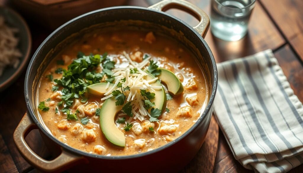 A delectable white chicken chili simmering in a large cast-iron pot, garnished with freshly chopped cilantro, creamy avocado slices, and a generous sprinkle of shredded Monterey Jack cheese. The chili's thick, creamy broth glistens under soft, natural lighting, creating an inviting and mouthwatering scene. In the background, a rustic wooden table with a striped linen napkin and a glass of iced water, setting the stage for a comforting, homemade meal. Captured from a high angle, the image conveys the step-by-step process of crafting the perfect white chicken chili, ready to be savored and enjoyed.