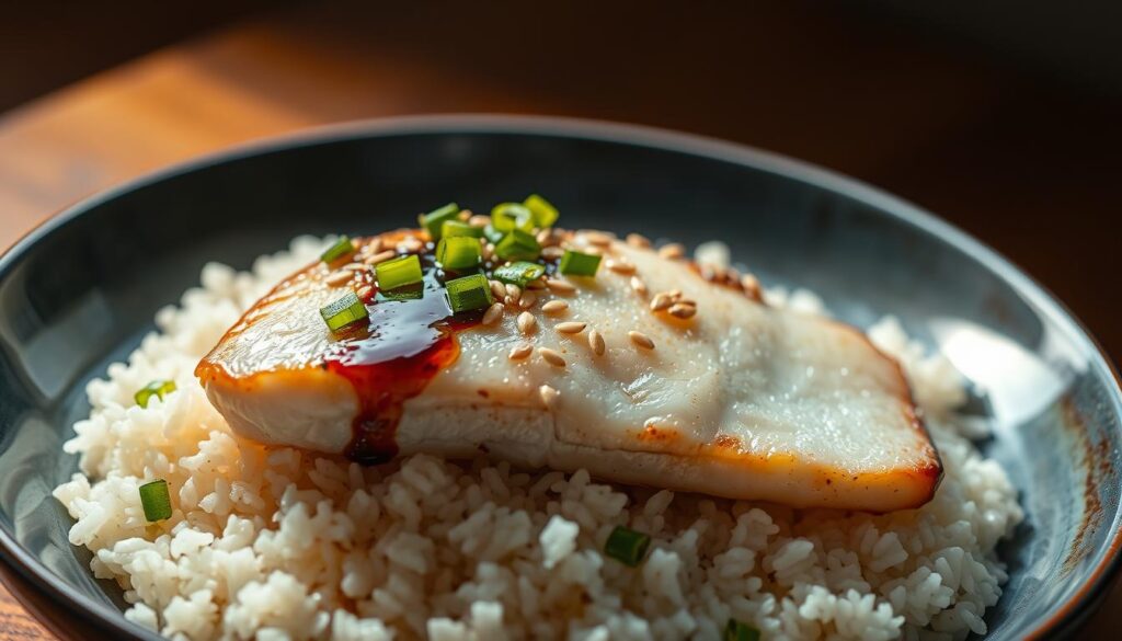 A delicate miso-glazed halibut fillet resting on a bed of fragrant steamed rice, garnished with sliced scallions, toasted sesame seeds, and a drizzle of soy sauce. The fish is bathed in a warm glow from a softbox lighting setup, casting subtle shadows that accentuate its flaky texture. The scene is captured from a slightly elevated angle, creating a sense of depth and a visually appealing composition. The overall mood is one of simplicity and elegance, reflecting the section's focus on easy, healthy baked fish recipes.