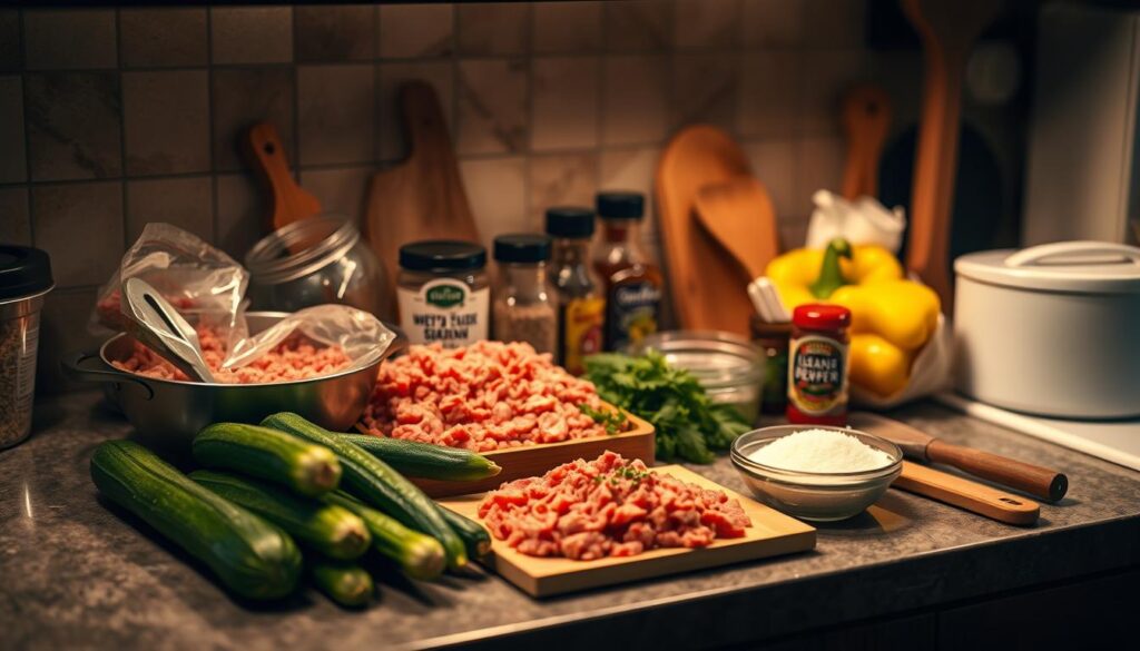 A dimly lit kitchen counter with a selection of budget-friendly keto-friendly ingredients neatly arranged - lean ground beef, vegetables like zucchini and bell peppers, low-carb seasonings, and a few simple cooking tools. The lighting is warm and inviting, creating a cozy and rustic atmosphere. The camera angle is slightly elevated, giving a bird's-eye view of the scene. The focus is sharp, emphasizing the textures and colors of the ingredients, conveying a sense of simplicity and accessibility for creating delicious, budget-conscious keto meals.
