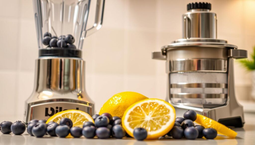 A gleaming chrome blender, its blades whirring, sits atop a clean, pristine kitchen counter. Beside it, a sturdy ice crusher, its gears ready to transform ice cubes into a frosty slush. In the foreground, a vibrant assortment of fresh blueberries and lemon wedges, their colors a tantalizing preview of the flavors to come. Overhead, a warm, diffused light creates a soft, inviting atmosphere, highlighting the textures and details of the equipment. The scene exudes a sense of preparation and anticipation, setting the stage for the creation of a refreshing and delightful blueberry lemon drop slushie.