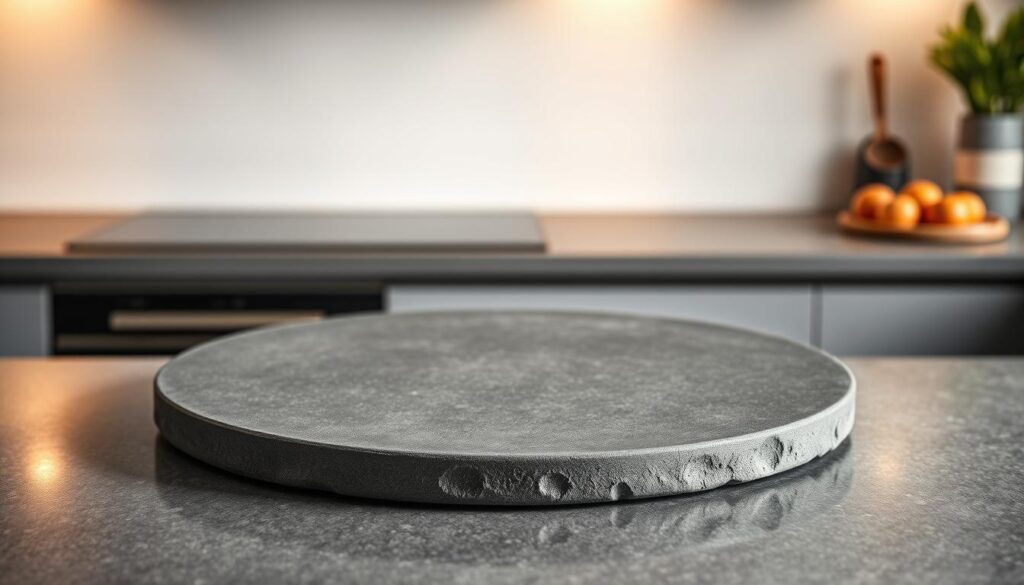 A high-resolution, photorealistic image of a professional-grade pizza stone made of heavy-duty cordierite ceramic, showcased on a modern kitchen countertop. The stone has a matte charcoal-grey surface with subtle texture, capturing the rugged, durable quality essential for baking crisp, evenly-cooked pizza crust. Soft, warm lighting illuminates the scene, casting gentle shadows that accentuate the stone's tactile surface. The background is minimalist, with a clean white wall complementing the stone's understated aesthetic, creating a sense of simplicity and functionality befitting a essential kitchen tool.