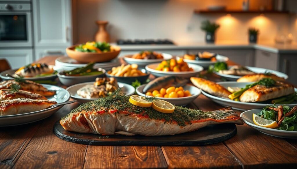 A lavish spread of gourmet baked fish dishes arranged on a rustic wooden table, illuminated by soft, warm lighting that casts a cozy, intimate ambiance. In the foreground, a whole baked salmon fillet topped with a vibrant herb crust, garnished with lemon wedges and fresh dill. Surrounding it, an array of elegantly plated entrees like pan-seared halibut with a citrus beurre blanc sauce, roasted sea bass with a crispy skin, and delicate sole fillets baked en papillote. In the middle ground, artfully presented side dishes like roasted asparagus, crispy potatoes, and a fresh green salad. The background features a softly blurred backdrop of a minimalist kitchen or dining space, hinting at the special occasion setting. The overall mood is one of refined sophistication, showcasing the gourmet potential of baked fish recipes.