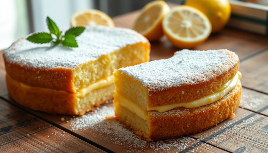 A luscious Italian lemon cream cake, its moist and fluffy layers dusted with powdered sugar, sits on a rustic wooden table, bathed in soft, natural lighting. The cake's golden crust contrasts beautifully with the vibrant yellow of the lemon cream filling, which glistens temptingly. In the background, a sprig of fresh mint and a few sliced lemons add a touch of elegance, while the overall scene exudes a cozy, homemade ambiance, perfect for a satisfying Italian dessert.