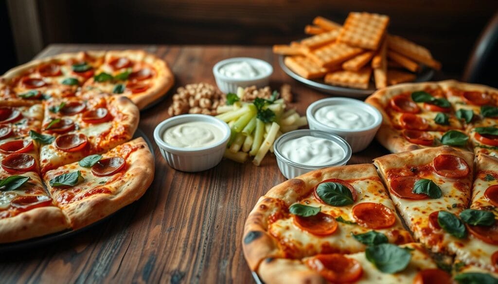 A lush, delectable arrangement of diverse pizza pairings graces a rustic wooden table. In the foreground, glistening slices of freshly baked pizza in various flavors—from classic pepperoni to gourmet vegetarian—are meticulously presented. The middle ground showcases an array of complementary side dishes and dipping sauces, from garlic-infused marinara to creamy ranch. Hues of golden brown, vibrant red, and verdant green create a visually appealing contrast. Soft, diffused lighting casts a warm, inviting ambiance, highlighting the textures and aromas of the curated selection. The overall composition exudes an artisanal, yet approachable atmosphere, inspiring culinary inspiration and irresistible cravings. A lush, delectable arrangement of diverse pizza pairings graces a rustic wooden table. In the foreground, glistening slices of freshly baked pizza in various flavors—from classic pepperoni to gourmet vegetarian—are meticulously presented. The middle ground showcases an array of complementary side dishes and dipping sauces, from garlic-infused marinara to creamy ranch. Hues of golden brown, vibrant red, and verdant green create a visually appealing contrast. Soft, diffused lighting casts a warm, inviting ambiance, highlighting the textures and aromas of the curated selection. The overall composition exudes an artisanal, yet approachable atmosphere, inspiring culinary inspiration and irresistible cravings.