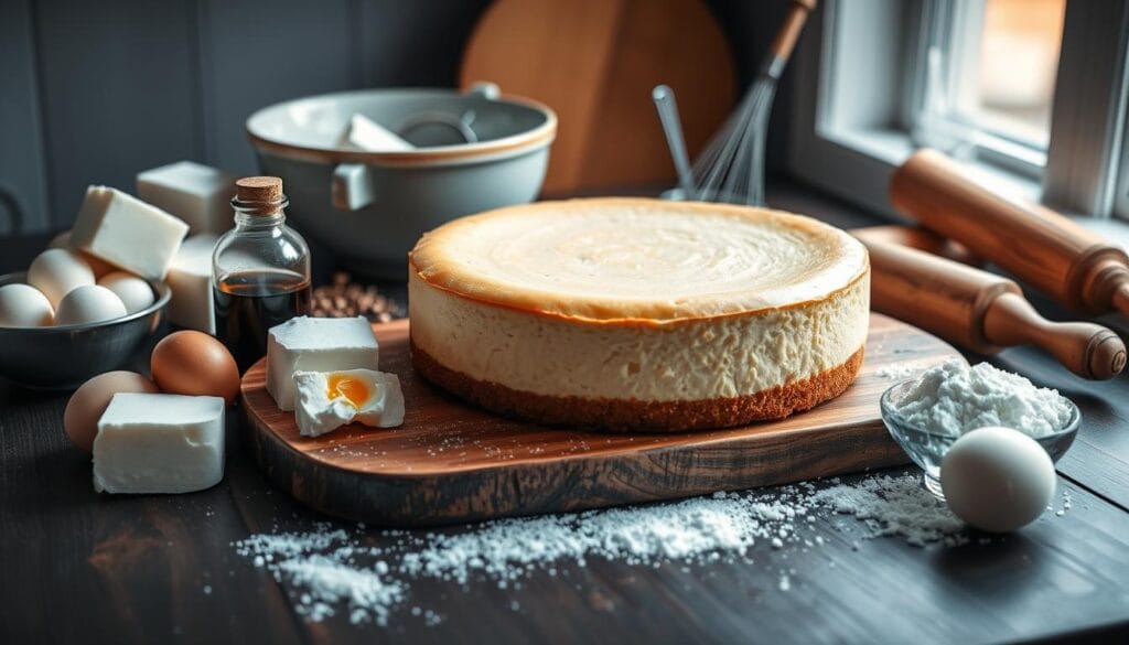 A meticulously arranged still life showcasing the essential ingredients for an authentic San Sebastian-style cheesecake. In the foreground, a soft, golden-crusted cheesecake sits atop a rustic wooden board, surrounded by high-quality ingredients - creamy blocks of full-fat cream cheese, a cluster of fresh eggs, a jar of pure vanilla extract, and a dusting of fine white sugar. The midground features a vintage mixing bowl, a whisk, and a rolling pin, hinting at the artisanal process required to achieve the signature smooth, dense texture. The background is softly blurred, setting a warm, inviting mood with a subtle play of natural light filtering through a window, casting a gentle glow on the scene.