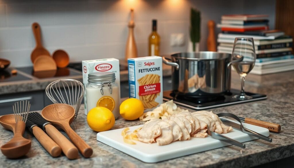 A modern kitchen counter with an assortment of tools and ingredients for preparing a delicious chicken alfredo dish. In the foreground, an array of cooking utensils such as a wooden spoon, a whisk, a ladle, and a pair of tongs are neatly arranged. In the middle ground, a box of fettuccine pasta, a jar of Alfredo sauce, and a lemon sit alongside a cutting board with sliced chicken breasts. The background features a large pot, a glass of white wine, and a stack of cookbooks, all bathed in warm, soft lighting that creates a cozy, inviting atmosphere. A modern kitchen counter with an assortment of tools and ingredients for preparing a delicious chicken alfredo dish. In the foreground, an array of cooking utensils such as a wooden spoon, a whisk, a ladle, and a pair of tongs are neatly arranged. In the middle ground, a box of fettuccine pasta, a jar of Alfredo sauce, and a lemon sit alongside a cutting board with sliced chicken breasts. The background features a large pot, a glass of white wine, and a stack of cookbooks, all bathed in warm, soft lighting that creates a cozy, inviting atmosphere.