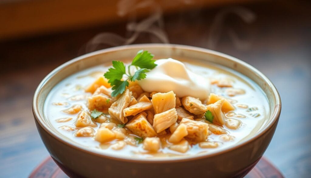 A mouth-watering bowl of healthy white chicken chili, simmered to perfection in a lively, light broth. Tender chicken shreds nestled among vibrant white beans, diced onions, and a medley of fragrant spices. The chili's surface glistens with a touch of olive oil, casting a subtle shine under the warm, diffused lighting. Wisps of steam rise from the bowl, hinting at the comforting aroma and flavor within. Sprigs of fresh cilantro and a dollop of cool sour cream add a final flourish, complementing the overall harmony of this nourishing and delectable dish.