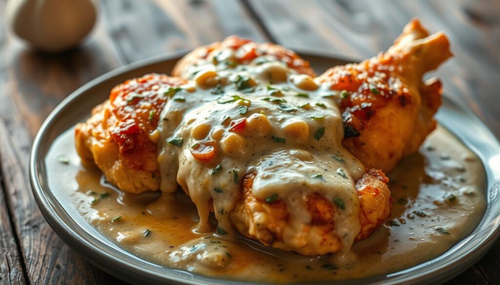 A mouth-watering dish of tender, juicy chicken, smothered in a rich, creamy sauce. The chicken is browned to perfection, its golden-brown skin glistening under soft, warm lighting. The sauce, made with a blend of savory herbs, garlic, and cream, cascades over the chicken, creating a comforting, homey atmosphere. In the background, a simple, rustic wooden table sets the stage, allowing the focus to remain on the star of the dish - the delectable smothered chicken. The composition is balanced, with the chicken positioned slightly off-center, allowing the viewer to appreciate the delicate textures and flavors of this classic, soul-warming recipe.