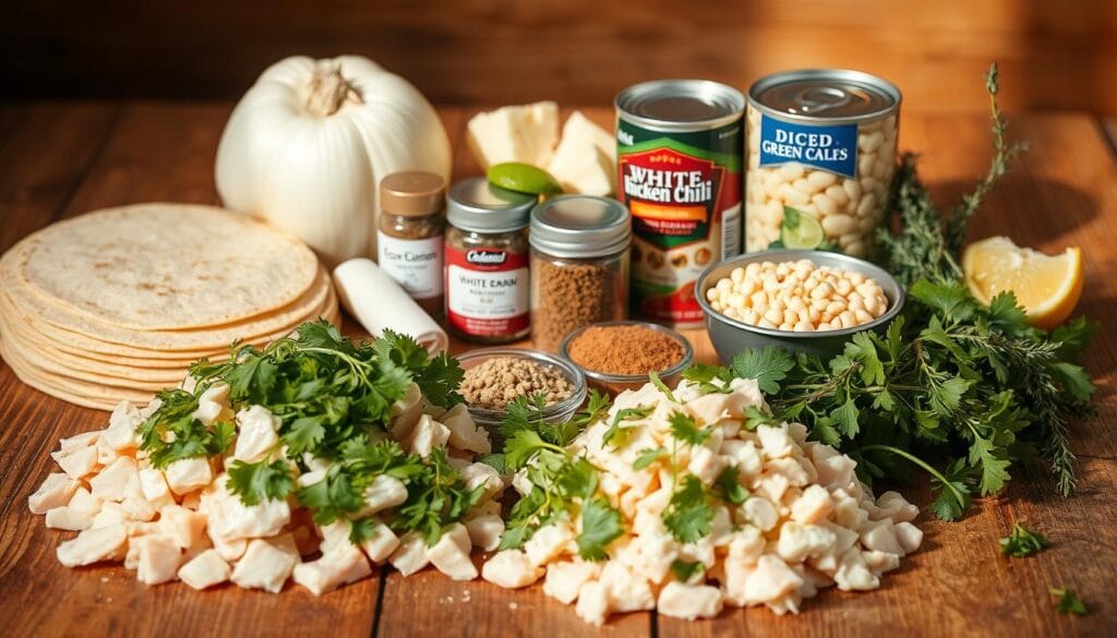 A neatly arranged assortment of white chicken chili ingredients on a rustic wooden table, captured in warm, natural lighting. In the foreground, a pile of diced chicken breasts, a bundle of fresh cilantro, and a stack of corn tortillas. In the middle ground, an array of spices including cumin, oregano, and garlic powder, as well as a can of white beans and a jar of diced green chiles. In the background, a large white onion, a wedge of lime, and a few sprigs of thyme create a visually appealing and appetizing composition. The overall mood is one of wholesome, homemade culinary preparation, with a focus on the essential elements needed to craft the perfect white chicken chili.