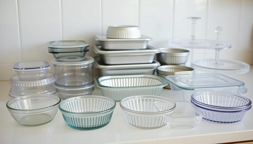 A neatly arranged display of various icebox cake containers on a clean, well-lit kitchen counter. In the foreground, several clear glass baking dishes of different sizes and shapes sit next to plastic storage containers with tight-fitting lids. In the middle ground, a few metal springform pans and loaf pans catch the soft, diffused lighting. In the background, a few disposable aluminum foil pans and a layered, transparent acrylic cake stand complete the selection of options for assembling and serving homemade icebox cakes. The overall scene conveys an organized, practical, and inviting atmosphere for preparing no-bake desserts.