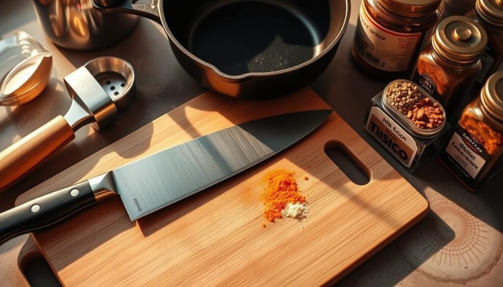 A neatly arranged mise en place of all the essential kitchen equipment for a quick chicken taco recipe: a gleaming chef's knife, a cutting board, a cast-iron skillet, a garlic press, a citrus juicer, and a stack of colorful spices. The scene is bathed in warm, golden lighting, casting dramatic shadows and highlights that emphasize the textures and shapes of the utensils. The overall mood is one of culinary anticipation and efficiency, setting the stage for the delicious chicken tacos to come.