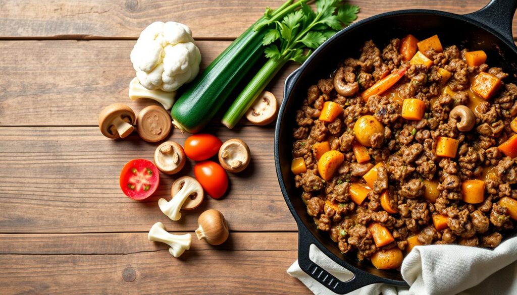 A neatly arranged one-pan keto meal featuring a mouth-watering ground beef dish. The foreground showcases a cast-iron skillet filled with a rich, creamy beef and vegetable medley, seasoned to perfection. In the middle ground, a selection of keto-friendly ingredients such as cauliflower, zucchini, and mushrooms are artfully scattered, hinting at the wholesome, low-carb nature of the recipe. The background features a rustic wooden table, with a subtle natural light source casting a warm, inviting glow across the scene. The overall composition evokes a sense of simplicity, flavor, and the effortless convenience of a one-pan keto dinner.