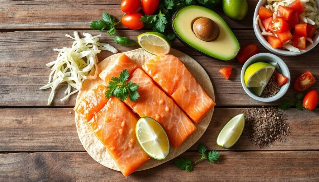 A neatly arranged still life of salmon fillets, fresh avocado, diced tomatoes, shredded cabbage, lime wedges, and a selection of herbs and spices on a rustic wooden table. Soft, diffused natural lighting casts gentle shadows, highlighting the vibrant colors and textures of the ingredients. The composition is balanced, with the salmon as the focal point, surrounded by the complementary taco toppings. The mood is one of culinary anticipation, inviting the viewer to imagine the flavors and textures of a delicious salmon fish taco.