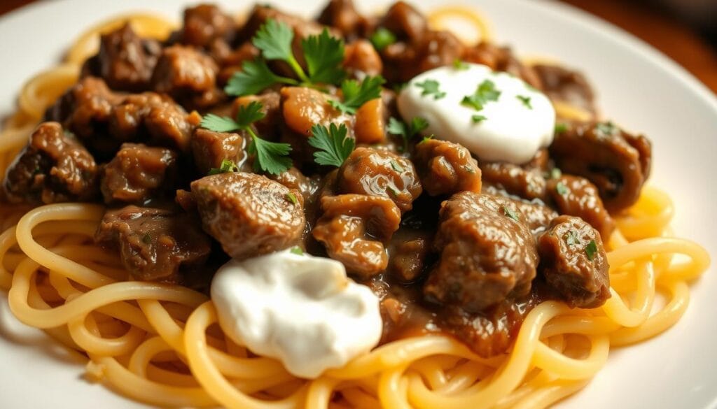 A richly-textured beef stroganoff with sour cream, garnished with fresh parsley, served on a bed of steaming egg noodles. The meat is tender and juicy, cooked in a flavorful sauce with onions, mushrooms, and a hint of paprika. The sour cream adds a creamy tanginess that complements the dish perfectly. The lighting is warm and inviting, casting a soft glow over the scene. The camera angle is slightly elevated, giving a generous view of the dish's layered components. The overall mood is comforting and appetizing, inviting the viewer to indulge in this classic, satisfying meal.