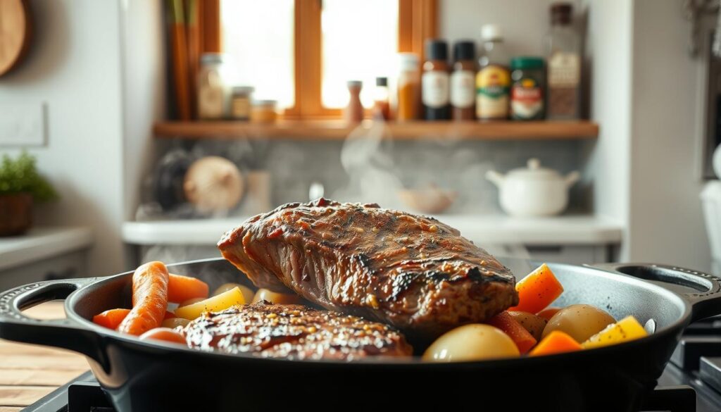 A rustic kitchen scene with a large cast-iron skillet in the foreground, sizzling with a juicy beef chuck steak, surrounded by fresh vegetables like carrots, potatoes, and onions. The steak is seared to a perfect golden-brown crust, releasing an enticing aroma. Soft natural lighting filters in through a window, casting a warm glow over the scene. In the background, simple kitchen shelves display a selection of spices and seasonings, hinting at the flavorful preparation. The overall atmosphere is cozy and inviting, reflecting the ease and deliciousness of a one-pan beef chuck steak dinner.