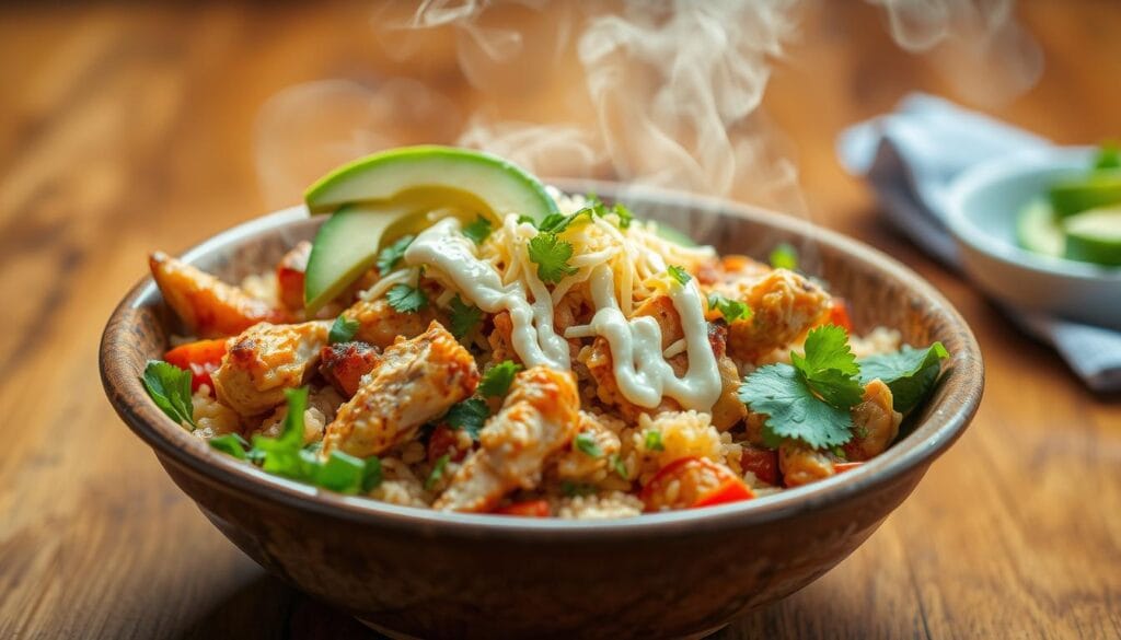A savory chicken burrito bowl sits atop a wooden table, steam rising from the tender chicken, aromatic rice, and vibrant vegetables. The bowl is lit from above, casting a warm glow that accentuates the textures and colors. Avocado slices, shredded cheese, and a drizzle of creamy sauce adorn the dish, creating a visually appealing and mouthwatering scene. The background is slightly blurred, allowing the burrito bowl to be the focal point, capturing the essence of a delicious and satisfying homemade meal.