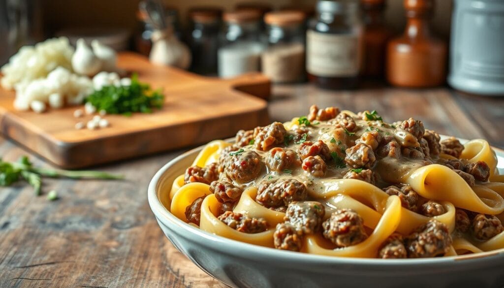 A savory ground beef stroganoff dish set against a warm, rustic background. In the foreground, a hearty serving of stroganoff with tender beef, creamy sauce, and perfectly cooked egg noodles, illuminated by soft, natural lighting. The middle ground features a wooden cutting board with diced onions, garlic, and fresh herbs, hinting at the preparation process. In the background, a vintage-style kitchen counter with jars of spices and cooking utensils, evoking a homey, comforting atmosphere. The overall scene should convey the satisfying and wholesome nature of this classic beef stroganoff recipe made with ground beef.