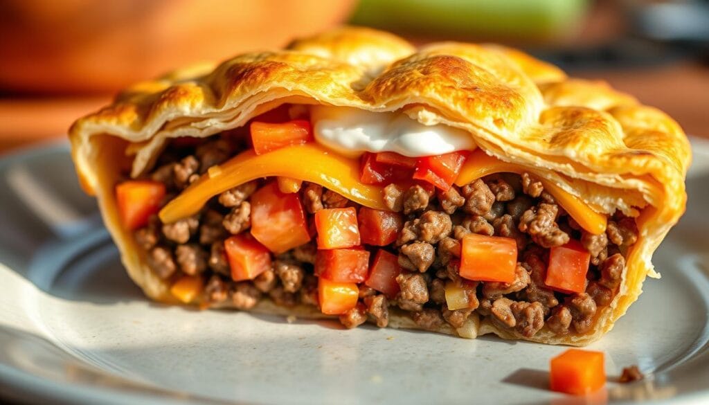 A savory taco-inspired pie with a crisp golden-brown crust, filled with seasoned ground beef, melted cheddar cheese, fresh diced tomatoes, and a dollop of cool sour cream. The filling is neatly layered to create a visually appealing cross-section, showcasing the textures and flavors. Soft natural lighting from the side casts warm shadows, highlighting the appetizing details. The composition is shot from a low angle, emphasizing the hearty, homemade quality of the dish. This time-saving taco pie is a delicious and convenient meal option, perfect for busy weeknights.