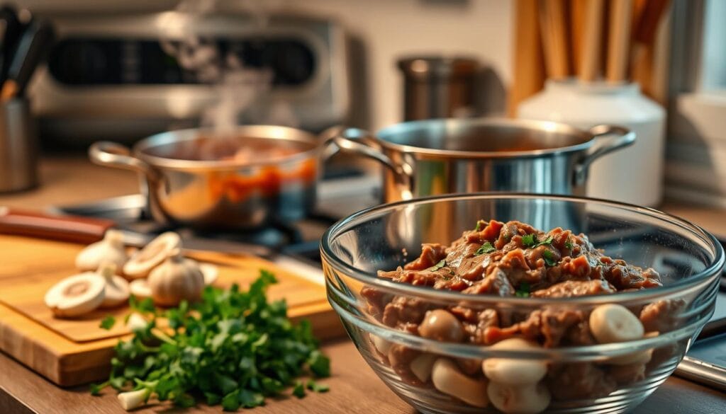 A stainless steel pot simmers on a gas stove, steam rising from the rich, savory sauce. Beside it, a wooden cutting board holds a sharp chef's knife, ready to slice tender beef. In the foreground, a classic glass mixing bowl sits filled with fresh ingredients - mushrooms, onions, garlic. The warm, inviting kitchen is illuminated by soft, diffused lighting, creating a cozy, inviting atmosphere perfect for preparing a delectable beef stroganoff.