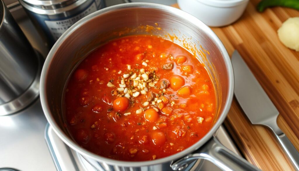 A stainless steel saucepan filled with a rich, vibrant tomato sauce, simmering gently over a low flame. Fragrant garlic, onions, and a medley of Mexican spices dance in the mixture, creating a mouthwatering aroma that fills the kitchen. The sauce's deep red hue and velvety texture hint at its robust, flavor-packed nature. Stainless steel utensils and a wooden cutting board sit nearby, ready to assist in the preparation of this essential component for the perfect Mexican pizza.