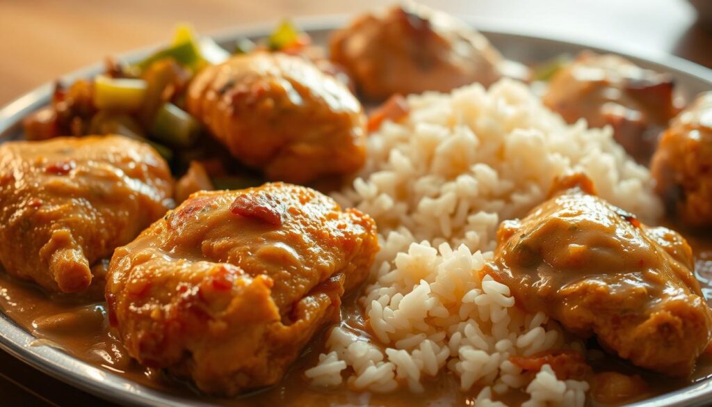 A steaming platter of Southern-style smothered chicken, the tender meat cocooned in a rich, creamy gravy. In the foreground, golden-fried chicken thighs glisten, their crisp skin blistered to perfection. Surrounding the chicken, a medley of sautéed onions, bell peppers, and celery release their savory aromas. In the middle ground, a bed of fluffy white rice absorbs the decadent sauce, each grain glistening. Overhead, soft, diffused lighting casts a warm, inviting glow, highlighting the dish's comforting appeal. The atmosphere evokes the welcoming spirit of a family-style Southern meal, perfect for sinking your teeth into this regional variation of a classic smothered chicken dish.