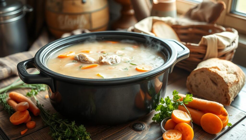 A steaming pot of homemade slow cooker chicken soup sits on a rustic wooden table, surrounded by fresh herbs, sliced carrots, and a crusty loaf of bread. The soup simmers gently, its aroma filling the cozy kitchen with notes of thyme, garlic, and tender chicken. Soft afternoon light filters through the window, casting a warm glow on the scene. The soup's surface is dotted with flecks of parsley, and a few bubbles break the surface, hinting at the comforting flavors within. This is a nourishing, hearty meal that invites you to slow down and savor each spoonful.