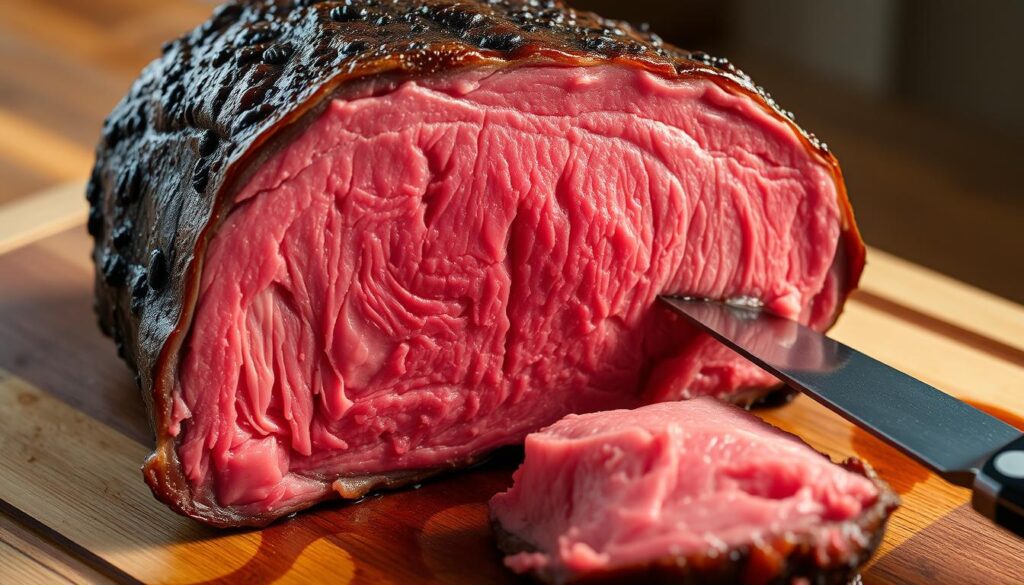 A succulent, medium-rare roast beef, its crimson center glistening under soft, directional lighting. The cut is thick and uniform, with a well-marbled exterior and a distinct grain pattern. The surface is seared to a rich, mahogany hue, creating a tantalizing contrast with the tender, pink interior. The roast is presented on a wooden cutting board, with a sharp carving knife positioned nearby, ready to slice through the meat with precision. The overall scene evokes a sense of culinary mastery and the promise of a flavorful, melt-in-your-mouth dining experience.