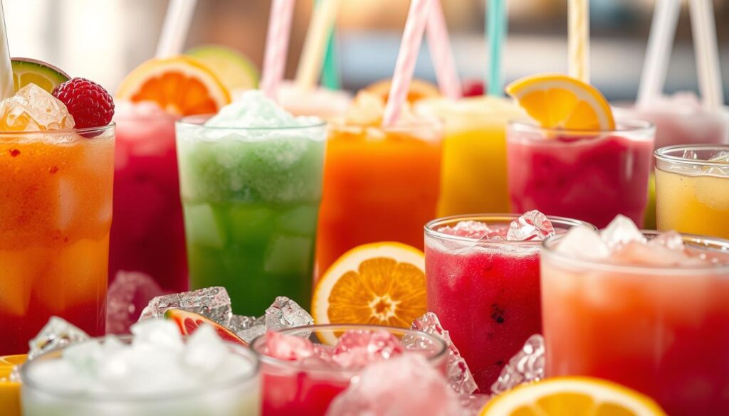 A vibrant array of fruity slushies in various flavors and colors, captured in a detailed close-up view. The foreground showcases an assortment of layered slushies, their icy textures and bright hues creating a refreshing and visually striking display. The middle ground features sliced fruit garnishes, adding pops of natural sweetness and texture. The background is softly blurred, allowing the slushies to take center stage, illuminated by warm, diffused lighting that enhances their inviting appearance. The overall composition conveys a sense of refreshment, variety, and the delightful possibilities of customizing this delectable frozen treat.