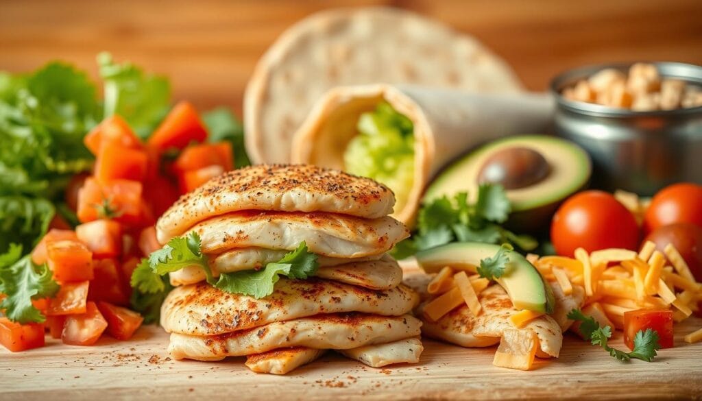 A vibrant still life capturing the essential ingredients for the perfect chicken burrito. In the foreground, a stack of warm, freshly grilled chicken breasts, seasoned with a blend of cumin, chili powder, and garlic. Surrounding them, an array of fresh ingredients - diced tomatoes, crisp romaine lettuce, sliced avocado, and a sprinkle of shredded cheddar cheese. In the middle ground, a set of whole-wheat tortillas, lightly toasted, ready to be filled and rolled. The background is softly blurred, allowing the viewer to focus on the delectable components. Warm, natural lighting casts a cozy glow over the scene, evoking the comforting flavors of a homemade chicken burrito.