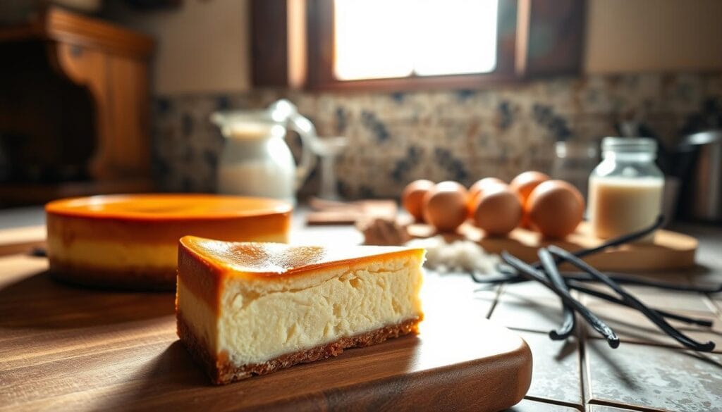 A visually captivating image of a traditional Basque Country dessert, set against the backdrop of a rustic, sun-drenched kitchen. In the foreground, a slice of the iconic San Sebastian cheesecake rests on a wooden cutting board, its perfectly burnished top glistening with a delicate caramelized crust. The smooth, creamy texture of the cake is accentuated by the soft, golden lighting filtering through a nearby window, casting a warm, inviting glow. In the middle ground, a selection of fresh, locally sourced ingredients - such as eggs, cream, and vanilla beans - are artfully arranged, hinting at the care and attention to detail that goes into crafting this beloved dessert. The background features the weathered, rustic tiles and exposed wooden beams of a traditional Basque kitchen, evoking a sense of history and tradition. The overall composition conveys a mood of rustic elegance, inviting the viewer to imagine the perfect balance of flavors and textures that await in every bite of this iconic Basque Country