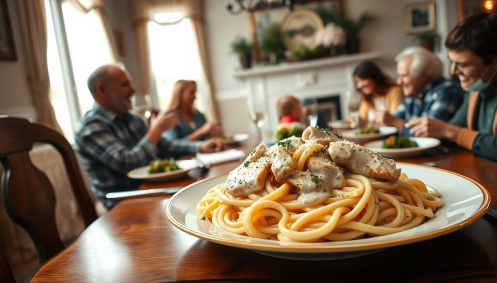 A warm, cozy family dining room with an elegant wooden table set for a delicious chicken alfredo meal. In the foreground, a steaming plate of perfectly al dente fettuccine noodles smothered in a rich, creamy alfredo sauce, topped with tender, juicy chicken breasts. Fresh herbs and grated parmesan cheese add pops of color and flavor. Around the table, a multi-generational family enjoys the meal together, laughing and conversing in a soft, natural lighting that casts a welcoming glow. Framed artwork and potted plants adorn the walls, creating a homey, inviting atmosphere. The scene conveys the comfort and tradition of chicken alfredo as a beloved American staple that brings families together over a delectable, comforting meal. A warm, cozy family dining room with an elegant wooden table set for a delicious chicken alfredo meal. In the foreground, a steaming plate of perfectly al dente fettuccine noodles smothered in a rich, creamy alfredo sauce, topped with tender, juicy chicken breasts. Fresh herbs and grated parmesan cheese add pops of color and flavor. Around the table, a multi-generational family enjoys the meal together, laughing and conversing in a soft, natural lighting that casts a welcoming glow. Framed artwork and potted plants adorn the walls, creating a homey, inviting atmosphere. The scene conveys the comfort and tradition of chicken alfredo as a beloved American staple that brings families together over a delectable, comforting meal.