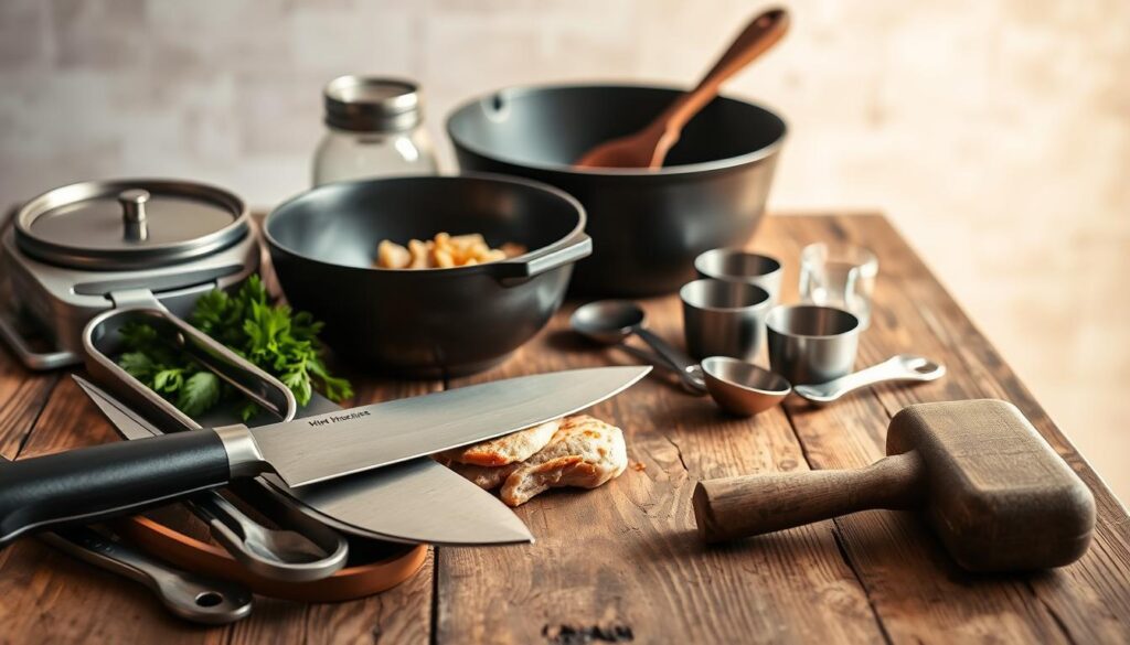 A well-lit, high-angle shot of a rustic wooden table showcasing an array of kitchen tools essential for preparing smothered chicken. In the foreground, a sharp chef's knife, sturdy tongs, and a heavy-duty meat mallet stand ready. In the middle ground, a seasoned cast-iron skillet, a large mixing bowl, and a set of measuring cups and spoons create a sense of culinary organization. The background features a neutral, slightly blurred backdrop, drawing the viewer's focus to the carefully curated collection of tools. The overall scene evokes a sense of effortless culinary expertise, ready to tackle the task of creating a delicious smothered chicken dish.