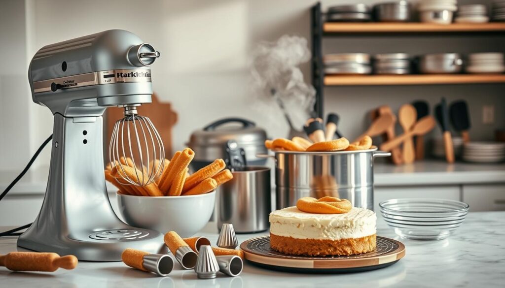 A well-lit kitchen counter showcases a delectable assortment of churro cheesecake-making equipment. In the foreground, a gleaming stand mixer with a whisk attachment stands ready to whip up the creamy batter. Beside it, a sturdy rolling pin and a set of fluted pastry tips for piping the churro dough. In the middle ground, a deep fryer emits gentle wisps of steam, its oil sizzling as it crisps up the freshly fried churros. In the background, shelves hold an array of baking pans, spatulas, and other essential tools for assembling the decadent churro cheesecake. Soft, natural lighting illuminates the scene, creating a warm, inviting atmosphere perfect for a cozy baking session.