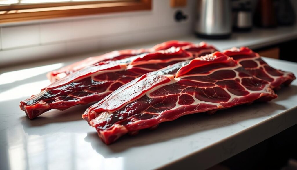 A well-lit kitchen counter with a selection of fresh, meaty beef back ribs laid out. The ribs are arranged in an appealing, organized manner, showcasing their marbled texture and deep reddish-brown color. A natural light source illuminates the scene, casting soft shadows and highlighting the contours of the ribs. The background is slightly blurred, creating a focus on the main subject. The overall mood is one of culinary anticipation, inviting the viewer to explore the qualities of these premium cuts of beef.