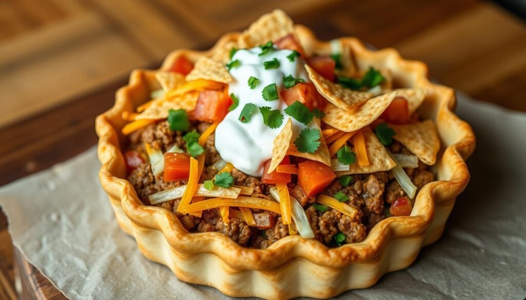 An appetizing taco pie with a golden-brown, flaky pie crust as the base. The crust is filled with a savory mixture of ground beef, melted cheddar cheese, diced tomatoes, shredded lettuce, and a sprinkle of taco seasoning. The top is adorned with crisp tortilla chips, a dollop of sour cream, and a sprinkling of chopped cilantro, creating a visually striking and mouthwatering representation of the fusion of Mexican and American culinary traditions. Lit by warm, natural lighting and captured from a slight overhead angle, the image conveys a sense of rustic elegance and the evolution of classic dishes into modern, creative interpretations.