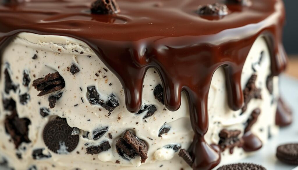 An artfully crafted Oreo ice cream cake, its sumptuous layers revealed in a pristine close-up shot. A thick, glossy fudge topping cascades seductively over the edge, dripping down the sides and pooling at the base. The cake's surface glistens under soft, even lighting, highlighted by a subtle vignette effect. Chunks of dark Oreo cookies are scattered throughout the creamy vanilla ice cream base, creating a tantalizing textural contrast. The overall composition exudes an air of decadence and indulgence, perfectly complementing the section's title "Adding a Decadent Fudge Layer".