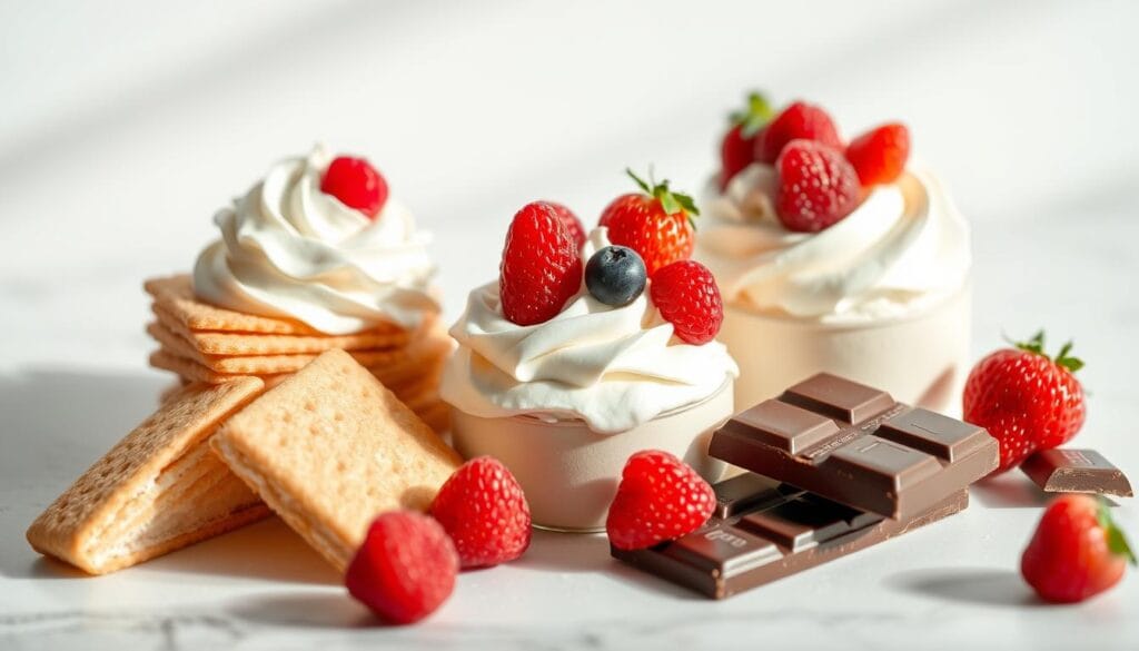 An elegantly arranged still life showcasing the essential ingredients for delectable icebox cakes. Crisp wafers, luscious whipped cream, juicy berries, and rich chocolate bars are artfully displayed on a clean white surface, bathed in soft, natural lighting that enhances their inviting textures and vibrant colors. The composition is balanced and visually appealing, evoking a sense of simplicity and culinary sophistication. The overall mood is one of effortless elegance, inviting the viewer to imagine the delightful dessert that can be created with these simple, yet decadent components.