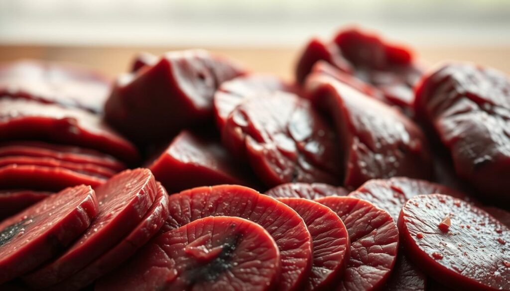 Beef liver selection: a carefully curated array of high-quality livers, each slice glistening under warm, natural lighting. The foreground showcases the rich, deep-red hues and smooth, velvety texture of the liver, inviting the viewer to appreciate its nutritional value and culinary potential. The middle ground presents the diversity of sizes and shapes, highlighting the importance of selecting the right pieces for various cooking methods. In the background, a clean, minimalist backdrop emphasizes the simplicity and purity of the subject, conveying a sense of elegance and refined presentation. Overall, the image captures the essence of selecting the perfect beef liver for a healthy and flavorful meal.