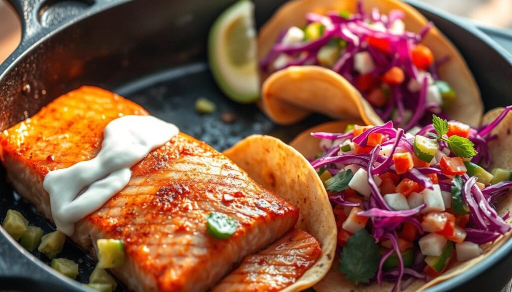 Delectable salmon fillets sizzling in a cast-iron skillet, golden-brown edges and a flaky, moist interior. Warm corn tortillas, their edges gently crisped, await the tender fish. Vibrant toppings adorn the tacos: diced avocado, tangy lime crema, and a rainbow of fresh, crunchy veggies - shredded red cabbage, diced tomatoes, and slivers of pickled onion. Soft, natural lighting illuminates the scene, casting a warm glow over the mouthwatering dish. The viewer is drawn in, their senses tantalized by the promise of a flavor-packed, satisfying salmon fish taco experience.