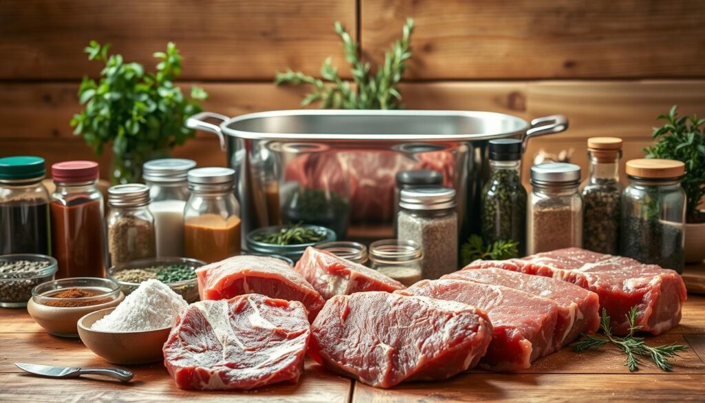 Ingredients for Classic Roast Beef: An array of fresh, high-quality ingredients laid out on a rustic wooden table, illuminated by soft, natural lighting. In the foreground, a selection of choice beef cuts, trimmed and ready for seasoning. Surrounding them, an assortment of aromatic spices, herbs, and seasoning blends in various glass jars and bowls. In the middle ground, a heavy-duty roasting pan, shiny and ready to receive the beef. In the background, a few sprigs of fresh thyme, rosemary, and other greenery, hinting at the flavors to come. The overall scene exudes a sense of culinary anticipation, inviting the viewer to imagine the delicious roast beef dish about to be prepared.