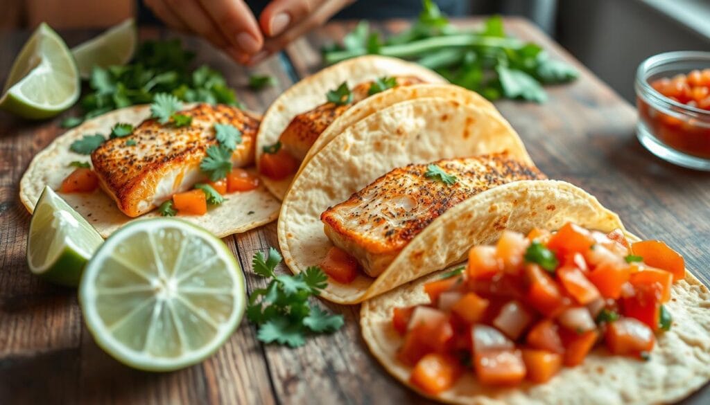 Salmon fish tacos being carefully assembled on a rustic wooden table, with fresh lime wedges, chopped cilantro, and a vibrant pico de gallo salsa in the foreground. Gently fried salmon fillets, lightly seasoned with spices, sit atop warm corn tortillas. A soft, diffused natural light bathes the scene, casting subtle shadows and highlighting the vibrant colors of the ingredients. The composition is clean and balanced, inviting the viewer to dive in and savor the flavors of this delicious and visually appealing dish.
