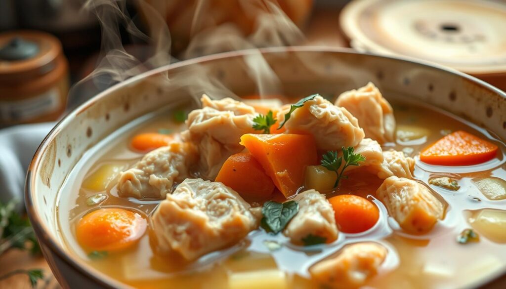 Steaming bowl of homemade classic chicken soup, set against a rustic kitchen backdrop. Plump, tender chicken chunks and fresh, aromatic vegetables - carrots, celery, onions - simmered in a rich, golden broth. Wisps of steam rise from the bowl, hinting at the comforting warmth within. Garnished with fragrant herbs like parsley and thyme, the scene evokes a cozy, nourishing atmosphere. Soft, natural lighting illuminates the scene, casting a gentle glow. The camera angle is slightly elevated, capturing the depth and layered textures of this quintessential comfort food.