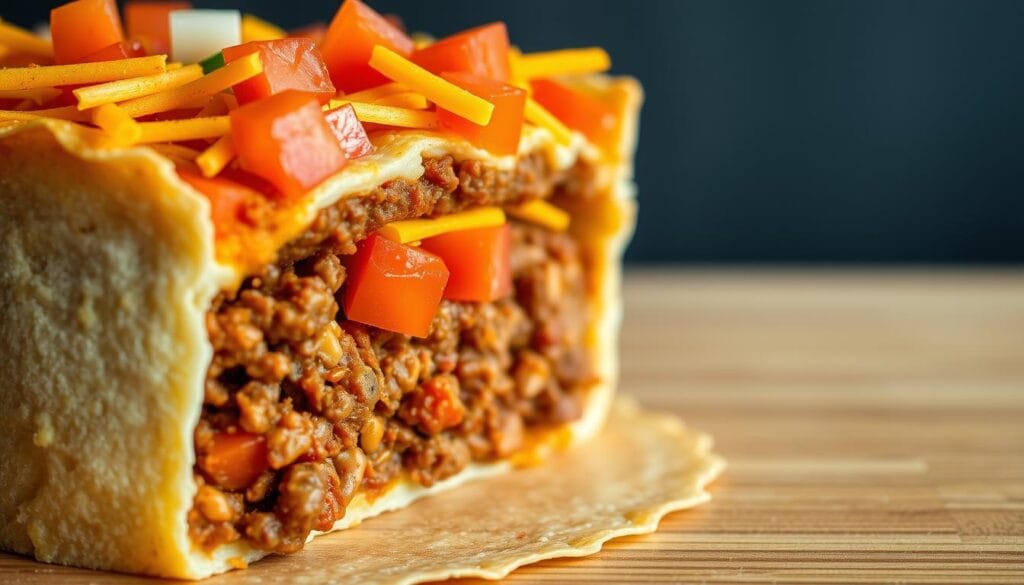 Taco Pie Layering: A delectable cross-section revealing the mouthwatering interior of a homemade taco pie. In the foreground, crisp tortilla layers form the flaky crust, contrasting with the vibrant toppings - seasoned ground beef, shredded cheddar cheese, and diced tomatoes. The middle layer showcases the rich, spicy taco filling, while the background hints at a golden-brown baked top with a dusting of taco seasoning. Soft, natural lighting casts gentle shadows, accentuating the textural details and appetizing color palette. The camera angle provides a clean, minimalist view, allowing the layers of this tempting taco pie creation to shine.