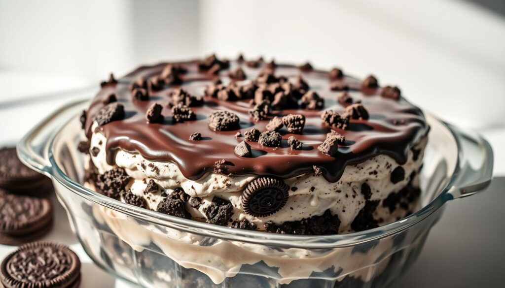 a meticulously crafted no-bake Oreo ice cream cake, frozen in a clear glass dish, with layers of rich, creamy ice cream, crumbled Oreo cookies, and a glossy, dark chocolate ganache topping, illuminated by soft, natural lighting casting long shadows, creating a visually stunning and appetizing scene, captured at a 45-degree angle to showcase the intricate textures and contrasting colors, evoking a sense of indulgence and the perfect frozen dessert for a special occasion